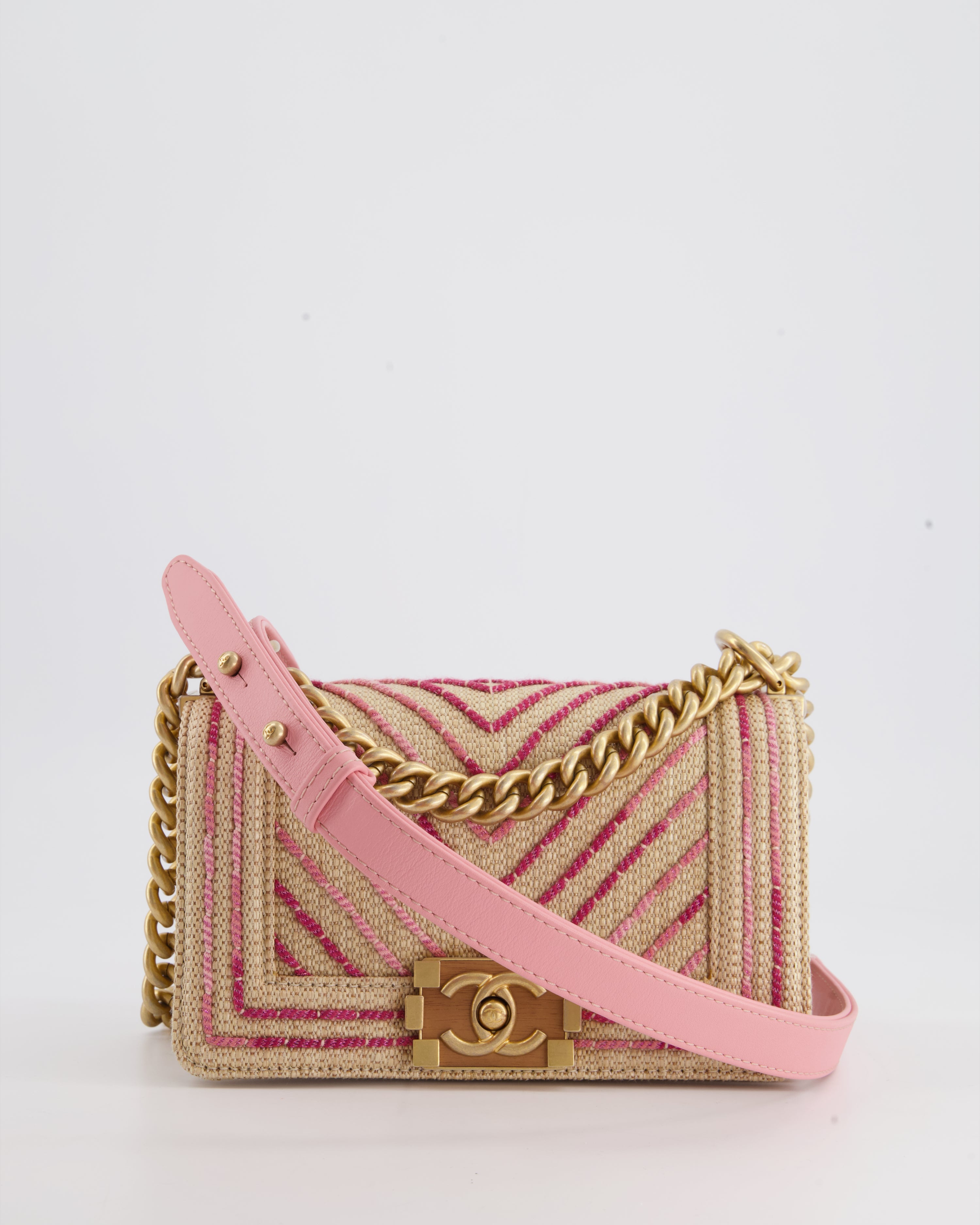 CHANEL Small Boy Chevron Cotton Mixed Fibers Shoulder Bag Pink