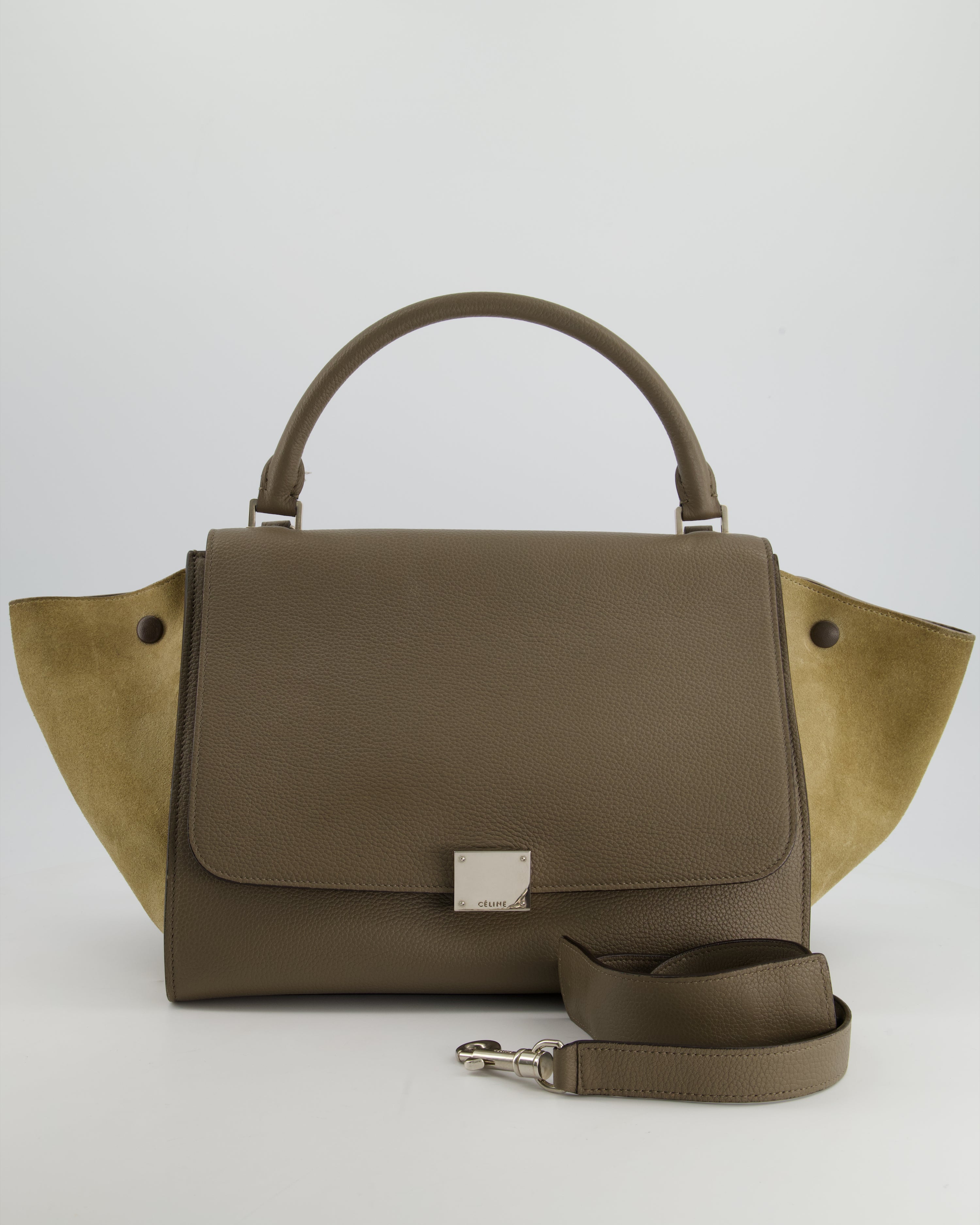 Celine Taupe Calfskin and Khaki Suede Large Trapeze Bag with Silver Hardware