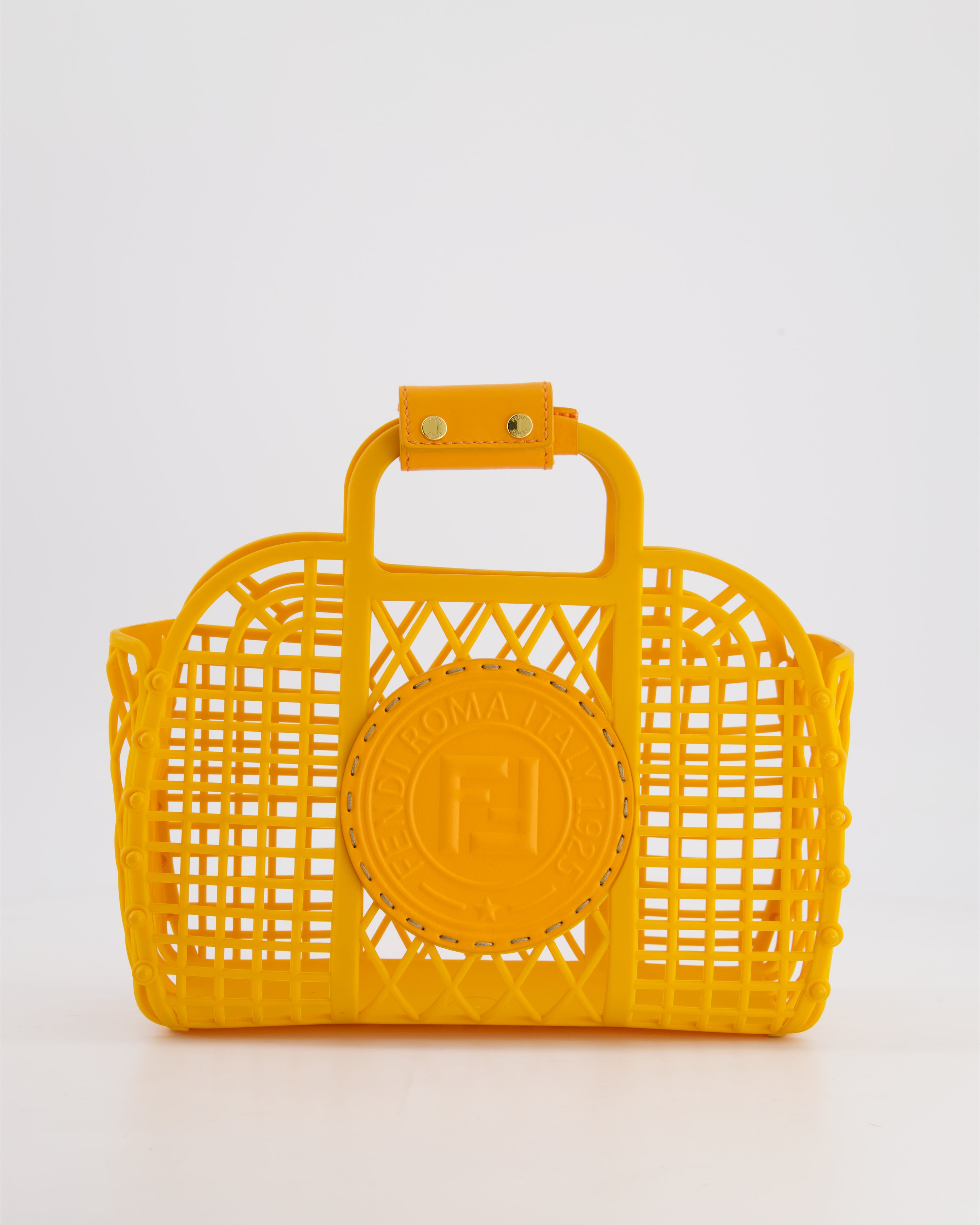 Fendi Spring Summer 2021 Orange Basket Bag in Recycled Plastic and Leather Closure Detail