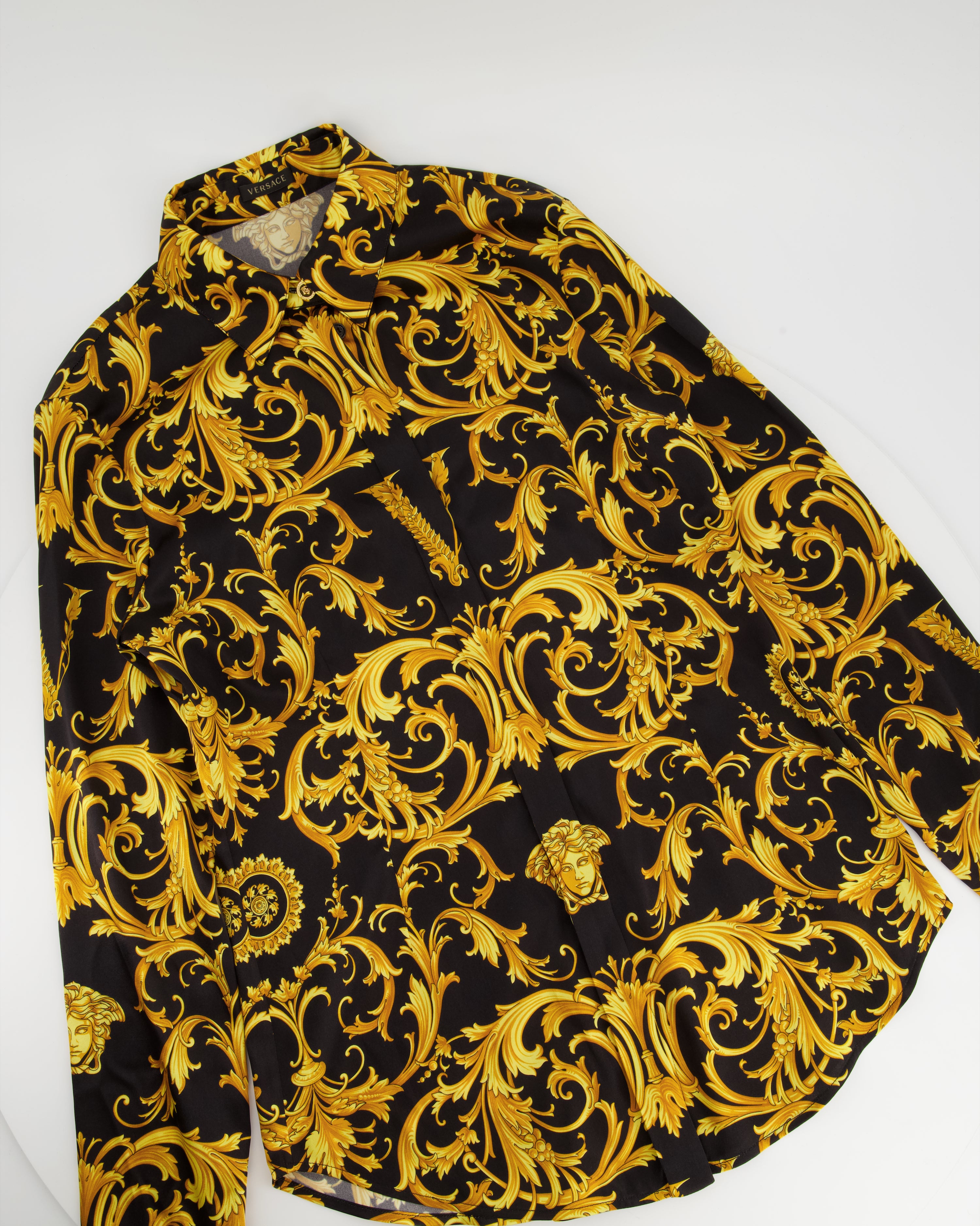 Versace Black and Gold Brocade Printed Silk Shirt Size IT 38 (UK 6