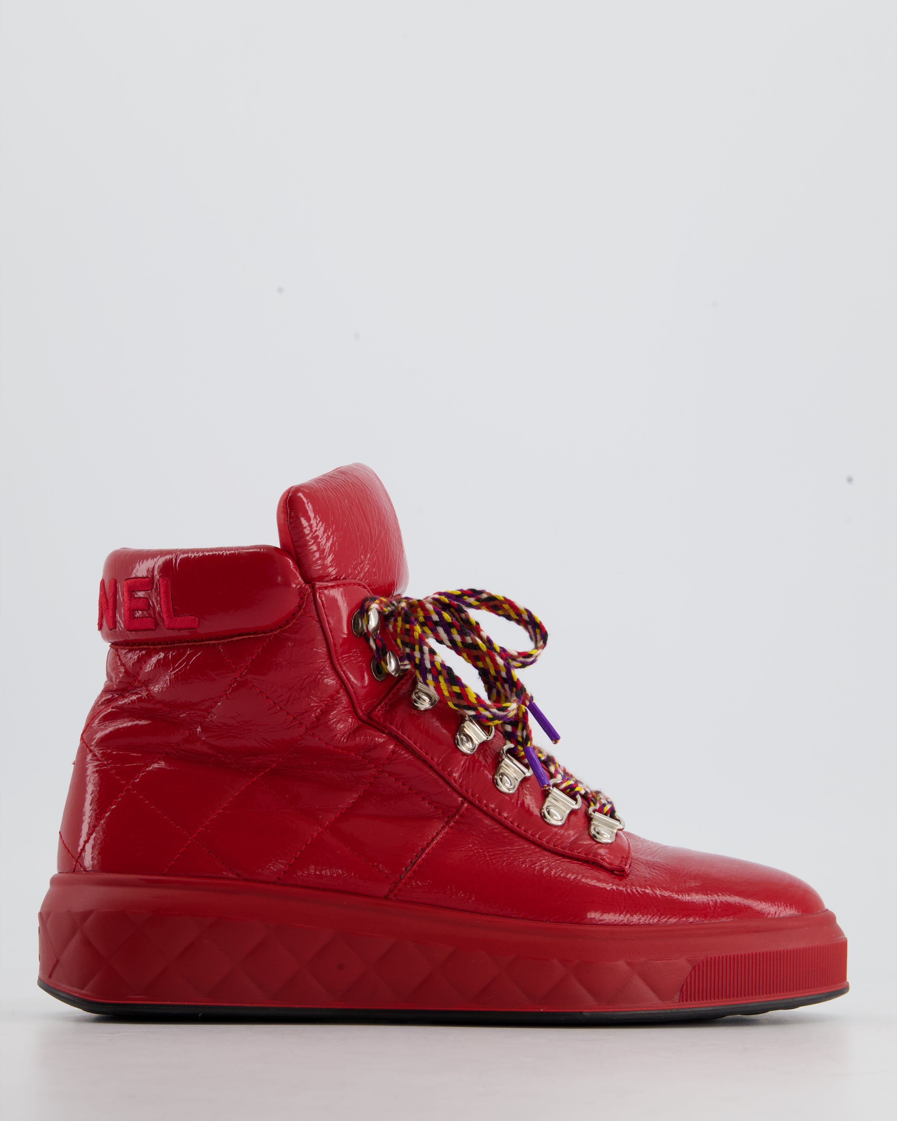 Chanel Red Patent Leather High Top Sneakers Shoes Size EU 38.5 Sellier