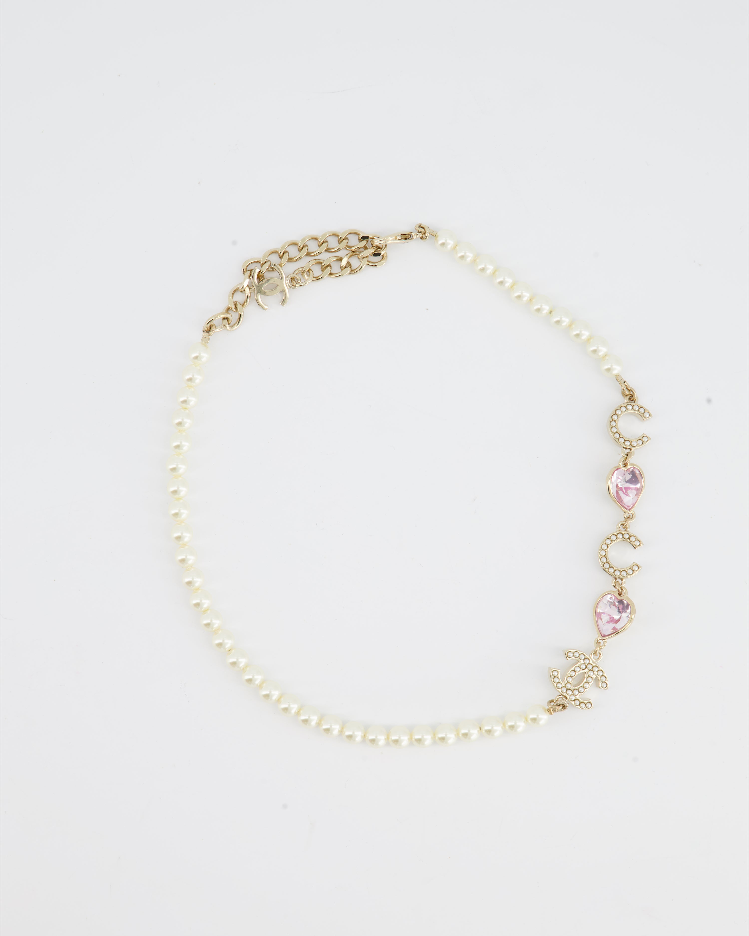 Chanel Gold Pearl COCO Necklace with Pink Heart Gems – Sellier