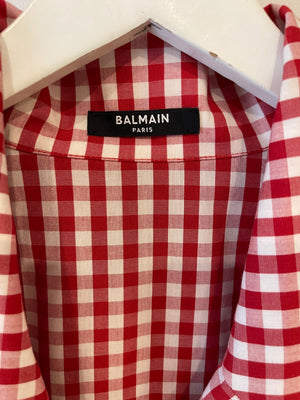 Balmain Red and White Vichy Printed Shirt and Mini Ruffle Skirt Set with Gold Logo Detail Size FR 38 (UK 10)