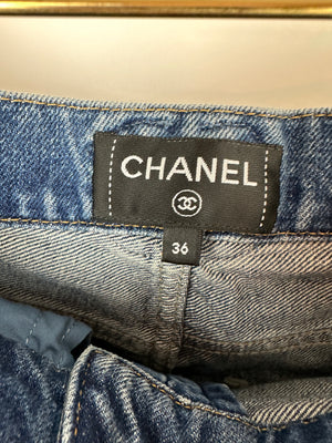 *HOT* Chanel Printed Straight Leg Jeans with CC Belt Holes Detail Size FR 36 (UK 8)