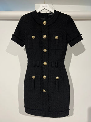 Balmain Black Tweed Short Sleeve Mini Dress with Gold Button Detail FR 34 (UK 6)