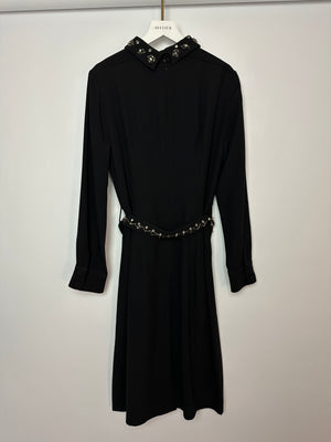 Prada Black Long Sleeve Midi Dress with Crystal Embellishment Details on Collar and Belt Size IT 42 (UK 10)