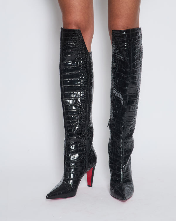 Christian Louboutin Black Crocodile Embossed Knee-high Boots Size 40.5