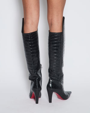 Christian Louboutin Black Crocodile Embossed Knee-high Boots Size 40.5