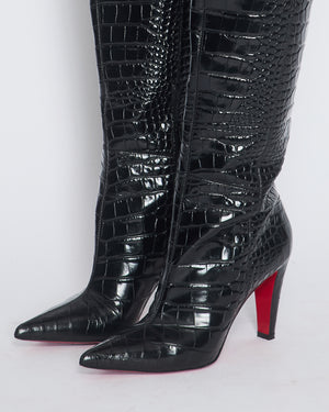 Christian Louboutin Black Crocodile Embossed Knee-high Boots Size 40.5