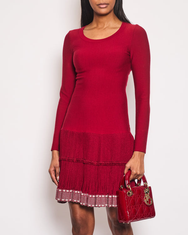 Alaia Red Long-Sleeve Dress with Pleated Trim FR 38 (UK 10)