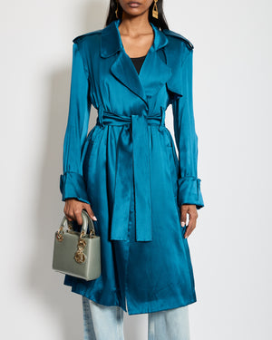 Celine Blue Silk Overcoat with Belt FR 42 (UK 14)