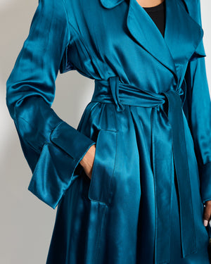 Celine Blue Silk Overcoat with Belt FR 42 (UK 14)