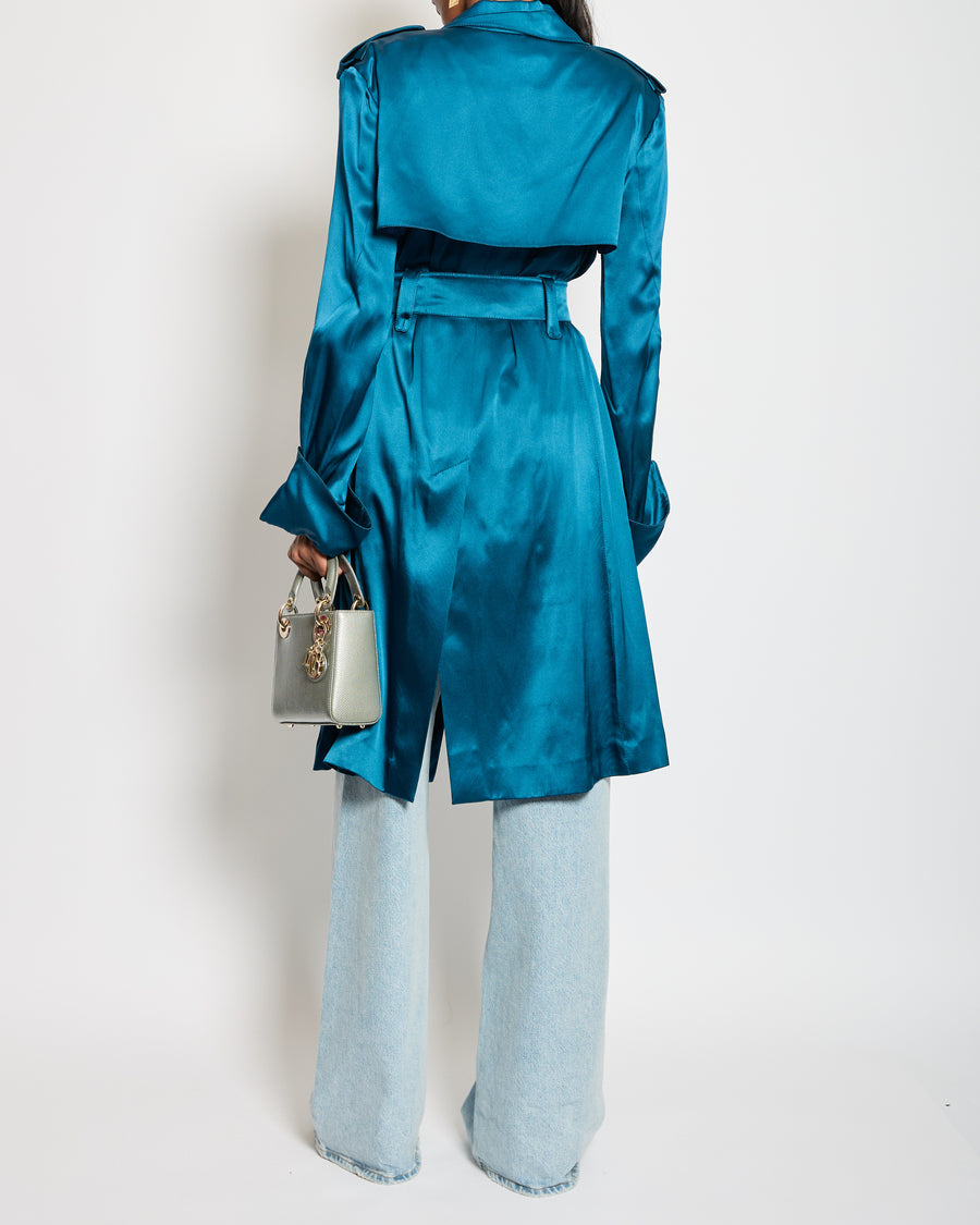 Celine Blue Silk Overcoat with Belt FR 42 (UK 14)