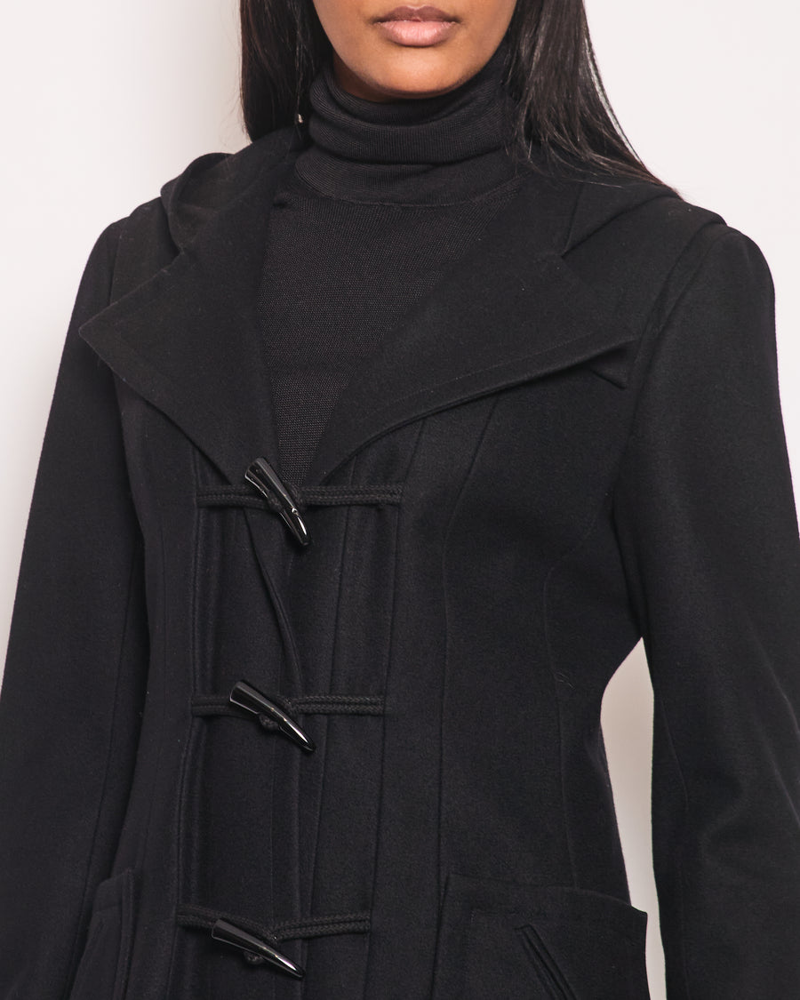 Chanel Black Hooded Longline Wool Coat with Toggle Fasten Detail  FR 42 (UK 10)