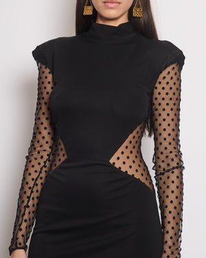 Balmain Black High Neck Mini Dress with Polka Dot Mesh Cut Out Detail Size FR 38 ( UK 10)