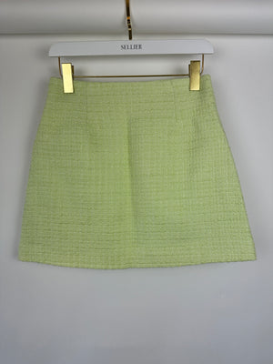 Self-Portrait Lime Green Cropped Short Sleeve Jacket and Skirt Tweed Set with Crystal Embellishment Details Size (UK 8)