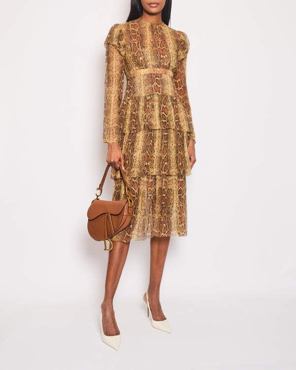 Zimmermann Brown Python Printed Long Sleeve Dress with Tiered Detail Size 1 (UK 10)