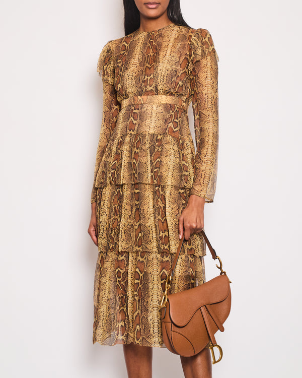 Zimmermann Brown Python Printed Long Sleeve Dress with Tiered Detail Size 1 (UK 10)