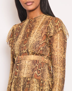 Zimmermann Brown Python Printed Long Sleeve Dress with Tiered Detail Size 1 (UK 10)