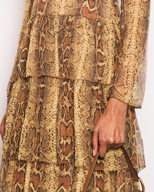 Zimmermann Brown Python Printed Long Sleeve Dress with Tiered Detail Size 1 (UK 10)