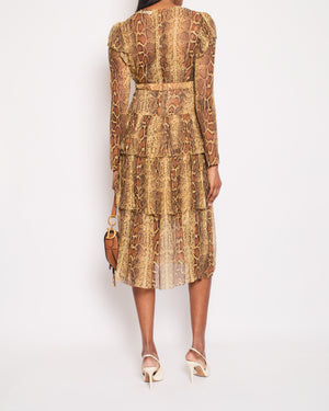 Zimmermann Brown Python Printed Long Sleeve Dress with Tiered Detail Size 1 (UK 10)