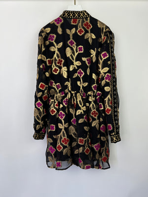 Dodo Bar Or Black & Gold Long Sleeve Mini Dress with Red & Fuchsia Flower Details IT 42 (UK 10)