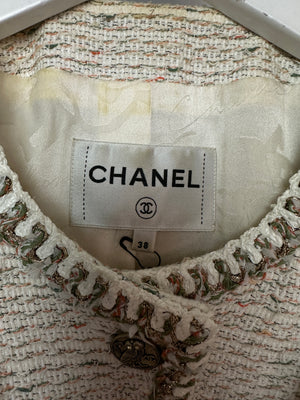 Chanel Cream Tweed Jacket with Orange, Green and Thread Details and Owl CC Logo Buttons Size FR 38 (UK 10)