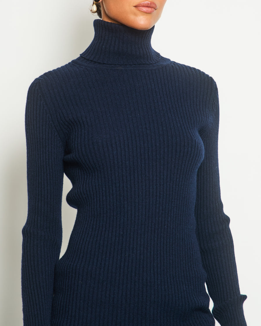 Chanel Navy Ribbed Cashmere Roll Neck Long Sleeve Jumper with CC Logo Detail FR 36 (UK 8)