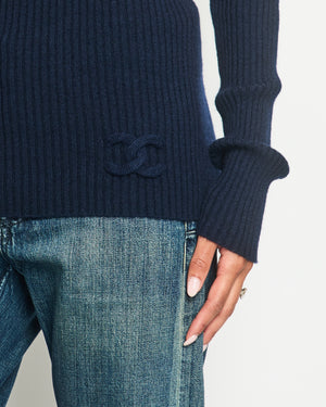 Chanel Navy Ribbed Cashmere Roll Neck Long Sleeve Jumper with CC Logo Detail FR 36 (UK 8)