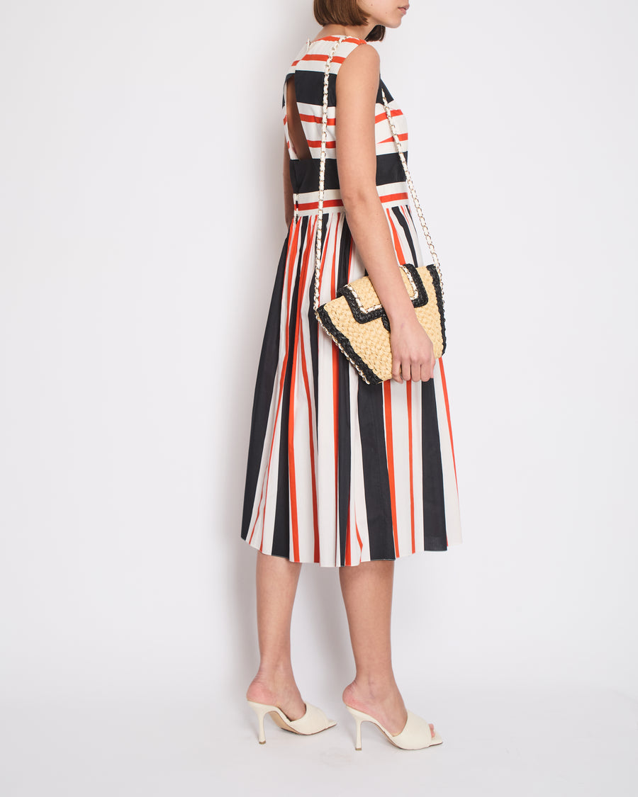 Dolce & Gabbana Red Striped Print Halter Neck Pleated Midi Dress IT 44 (UK 12)