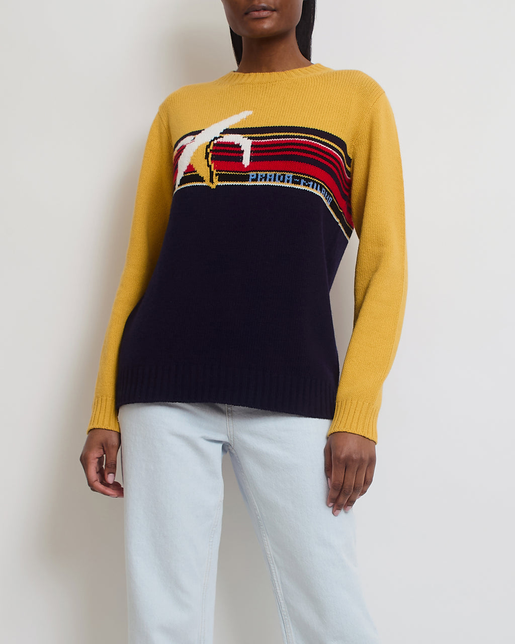 Prada Yellow Knitted Long Sleeve Jumper with Banana Striped Detail IT Sellier