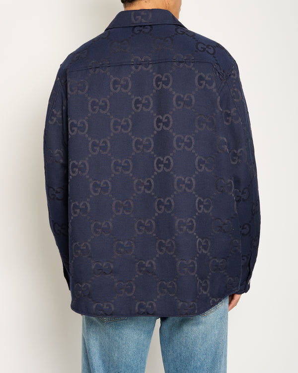 Gucci Menswear Navy Monogram Jumbo GG Logo Print Shirt Jacket Size IT 52 (UK XXL)