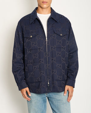 Gucci Menswear Navy Monogram Jumbo GG Logo Print Shirt Jacket Size IT 52 (UK 42)