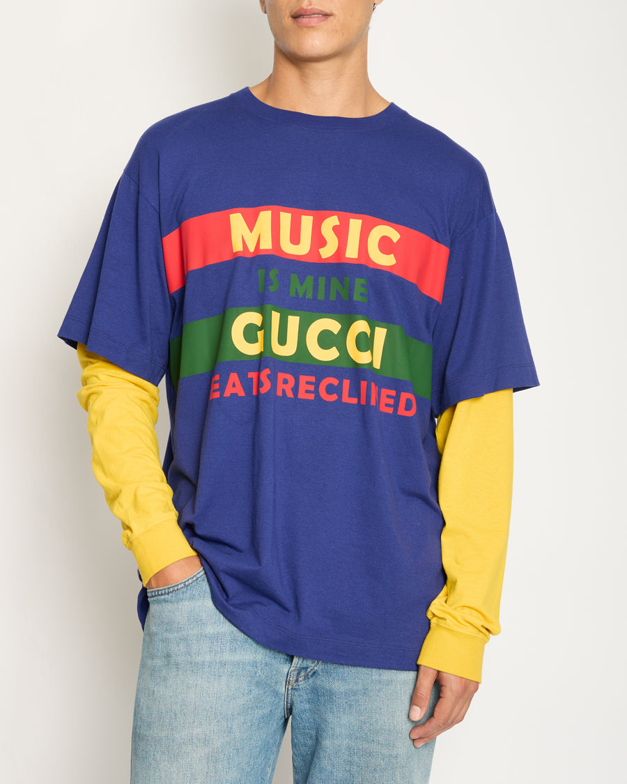 Gucci Navy Menswear Over-Sized T-Shirt with Yellow Long Sleeves and Lettering Print Size M (UK 38)