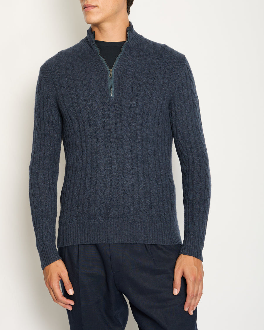 Loro Piana Menswear Navy Cable Knit Long Sleeve Jumper with Suede Quarter Zip Detail IT 48 (UK 38) RRP £1,700