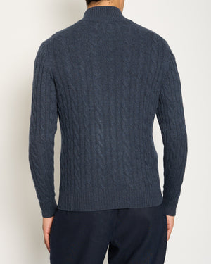 Loro Piana Menswear Navy Cable Knit Long Sleeve Jumper with Suede Quarter Zip Detail IT 48 (UK 38) RRP £1,700