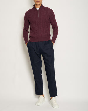 Loro Piana Menswear Burgundy Cable Knit Long Sleeve Jumper with Suede Quarter Zip Detail IT 48 (UK 38) RRP £1,700