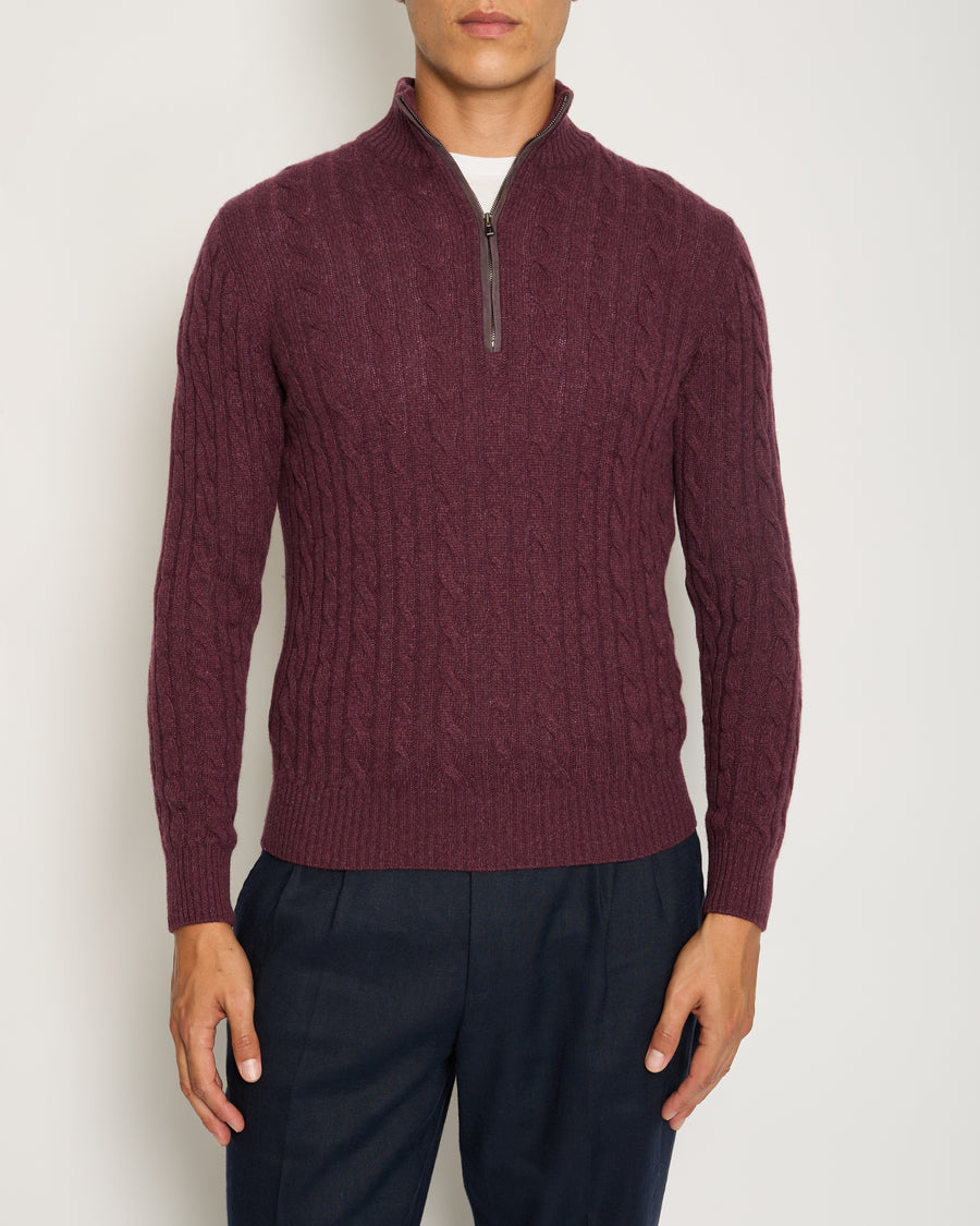 Loro Piana Menswear Burgundy Cable Knit Long Sleeve Jumper with Suede Quarter Zip Detail IT 48 (UK 38) RRP £1,700