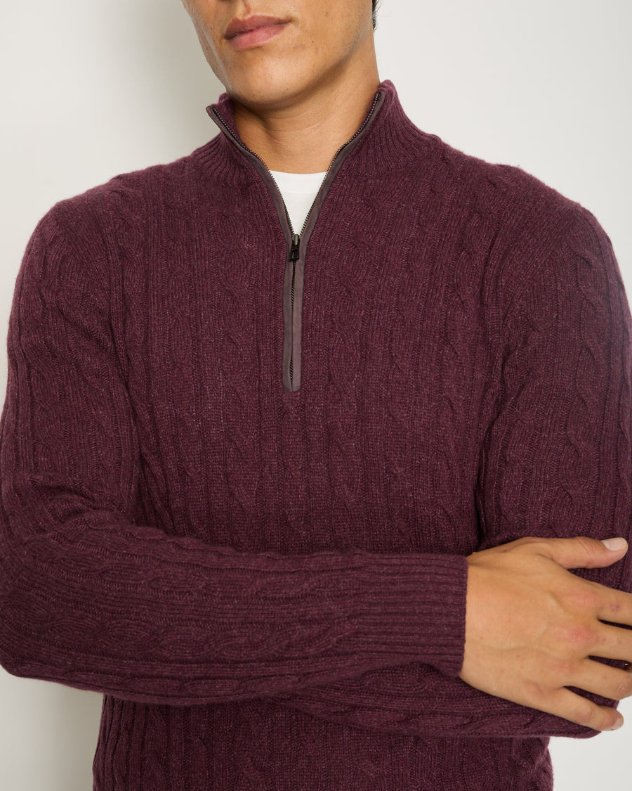 Loro Piana Menswear Burgundy Cable Knit Long Sleeve Jumper with Suede Quarter Zip Detail IT 48 (UK 38) RRP £1,700