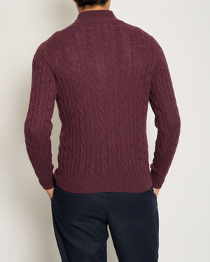 Loro Piana Menswear Burgundy Cable Knit Long Sleeve Jumper with Suede Quarter Zip Detail IT 48 (UK 38) RRP £1,700