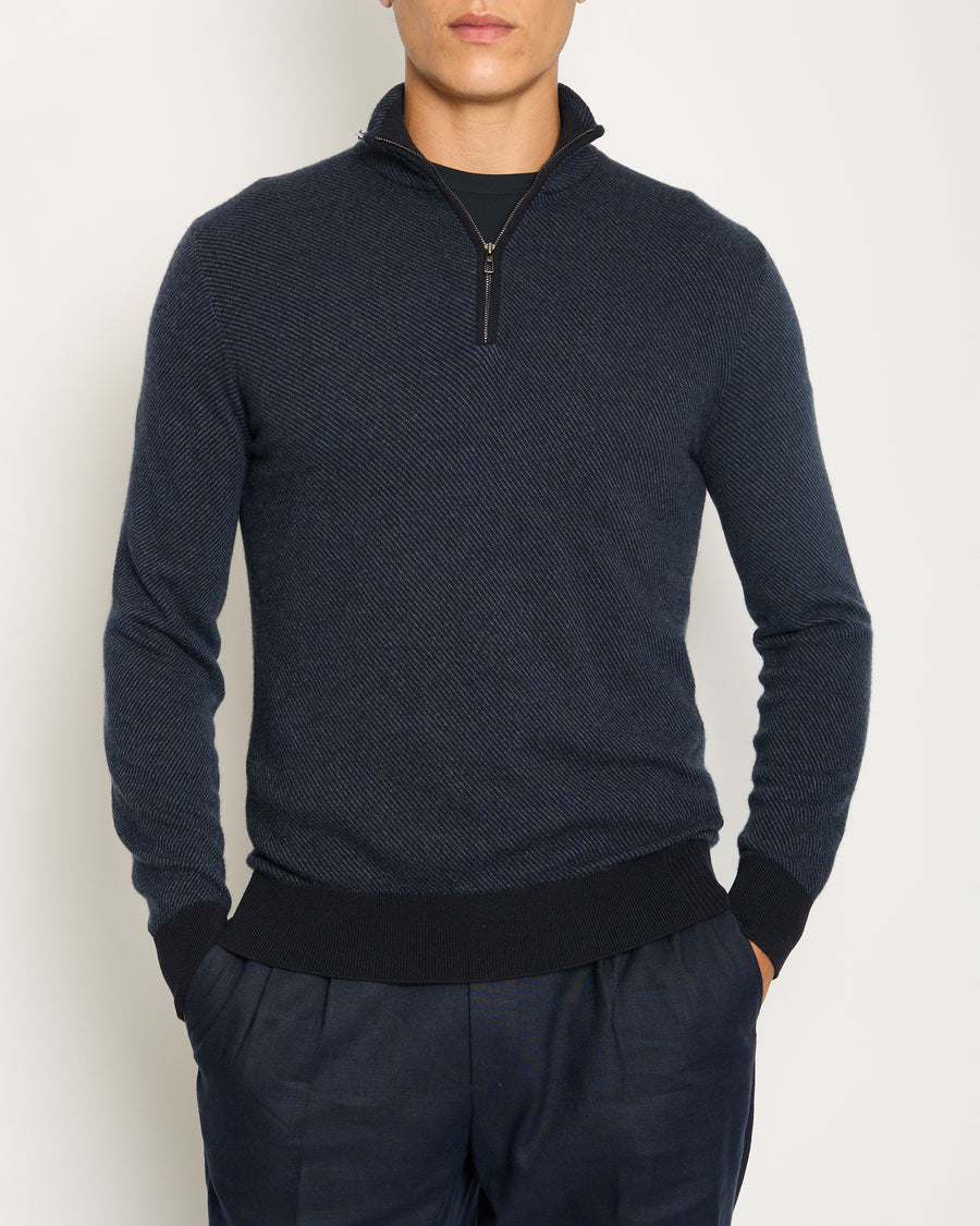 Loro Piana Menswear Navy Diagonal Striped Long Sleeve Jumper with Quarter Zip Detail IT 48 (UK 38)