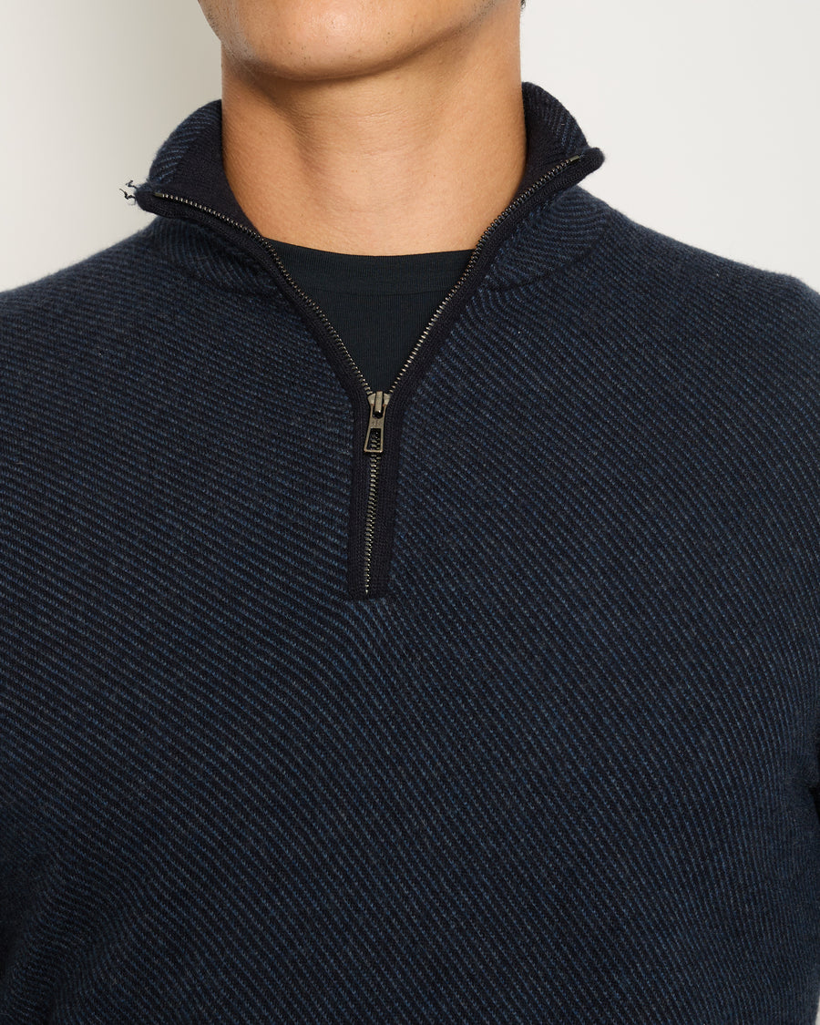 Loro Piana Menswear Navy Diagonal Striped Long Sleeve Jumper with Quarter Zip Detail IT 48 (UK 38)