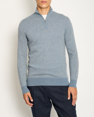 Loro Piana Menswear Light Blue Diagonal Striped Long Sleeve Jumper with Quarter Zip Detail IT 48 (UK 38)