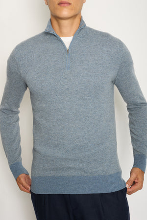 Loro Piana Menswear Light Blue Diagonal Striped Long Sleeve Jumper with Quarter Zip Detail IT 48 (UK 38)