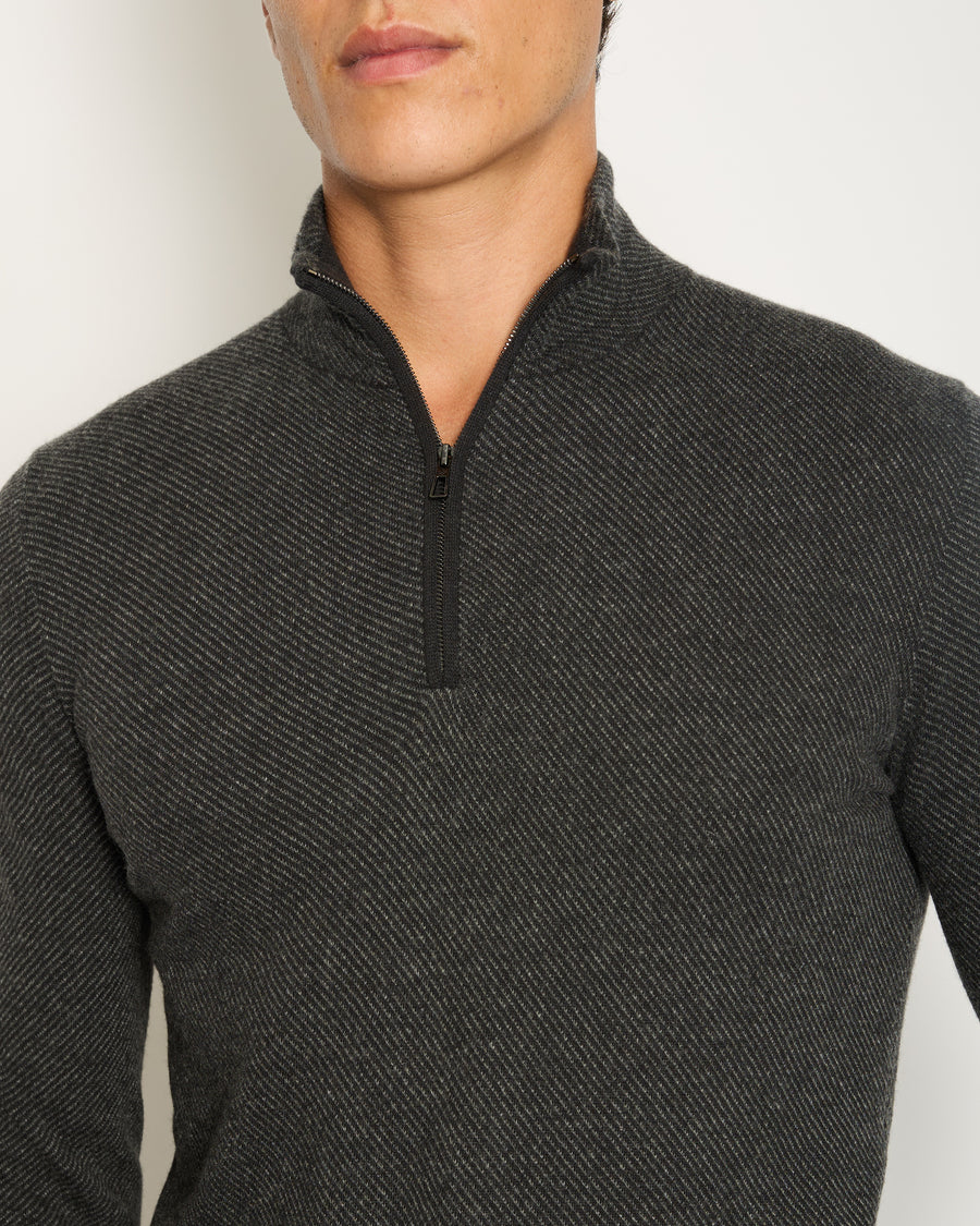 Loro Piana Menswear Black, Grey Diagonal Striped Long Sleeve Jumper with Quarter Zip Detail IT 48 (UK 38)