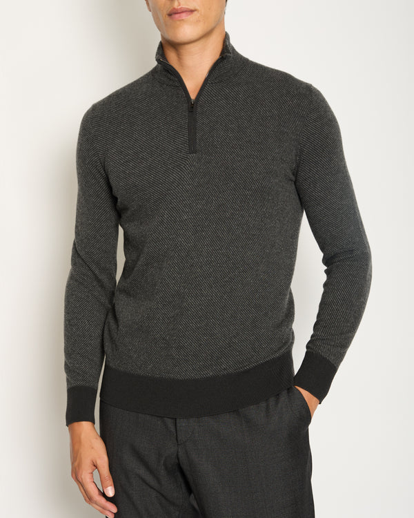 Loro Piana Menswear Black, Grey Diagonal Striped Long Sleeve Jumper with Quarter Zip Detail IT 48 (UK 38)