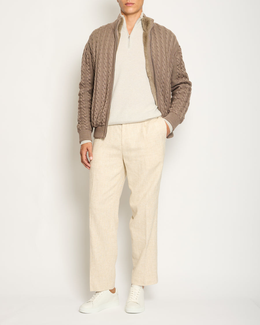 Loro Piana Menswear Cream Diagonal Striped Long Sleeve Jumper with Quarter Zip Detail IT 48 (UK 38)