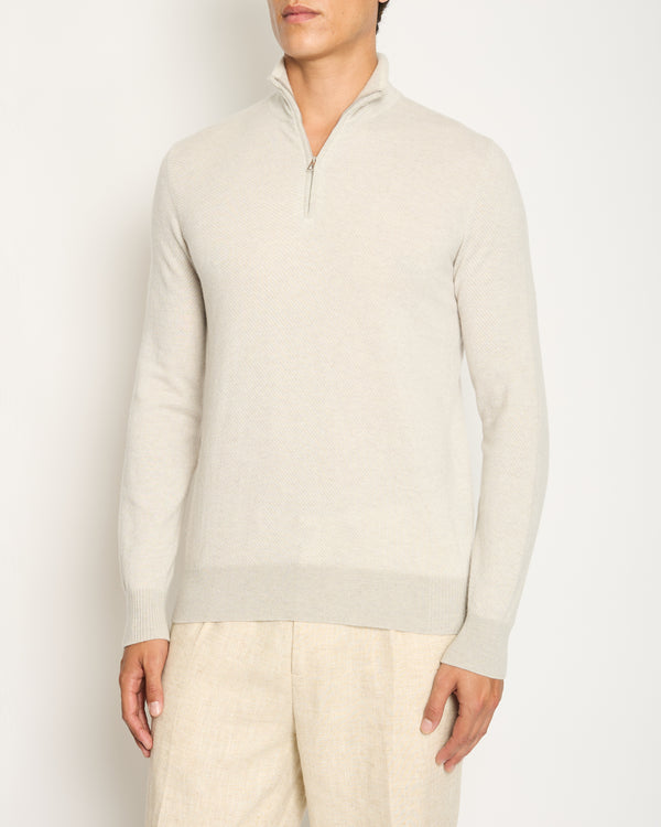 Loro Piana Menswear Cream Diagonal Striped Long Sleeve Jumper with Quarter Zip Detail IT 48 (UK 38)