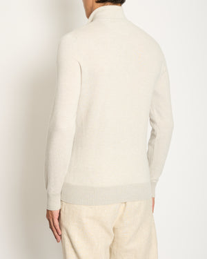 Loro Piana Menswear Cream Diagonal Striped Long Sleeve Jumper with Quarter Zip Detail IT 48 (UK 38)