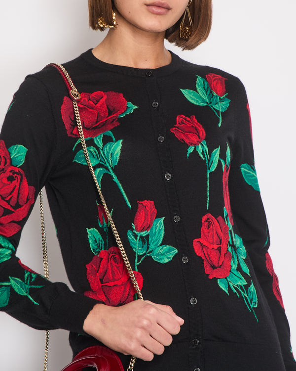 Dolce & Gabbana Black and Red Floral Cashmere Cardigan Size IT 40 (UK 8)